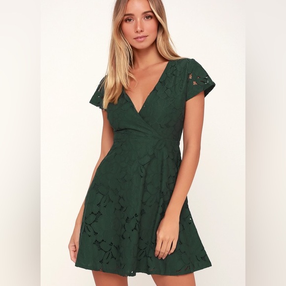 Lulus Dresses & Skirts - Lulu’s Black Swan Tia Dark Green Lace Skater Dress